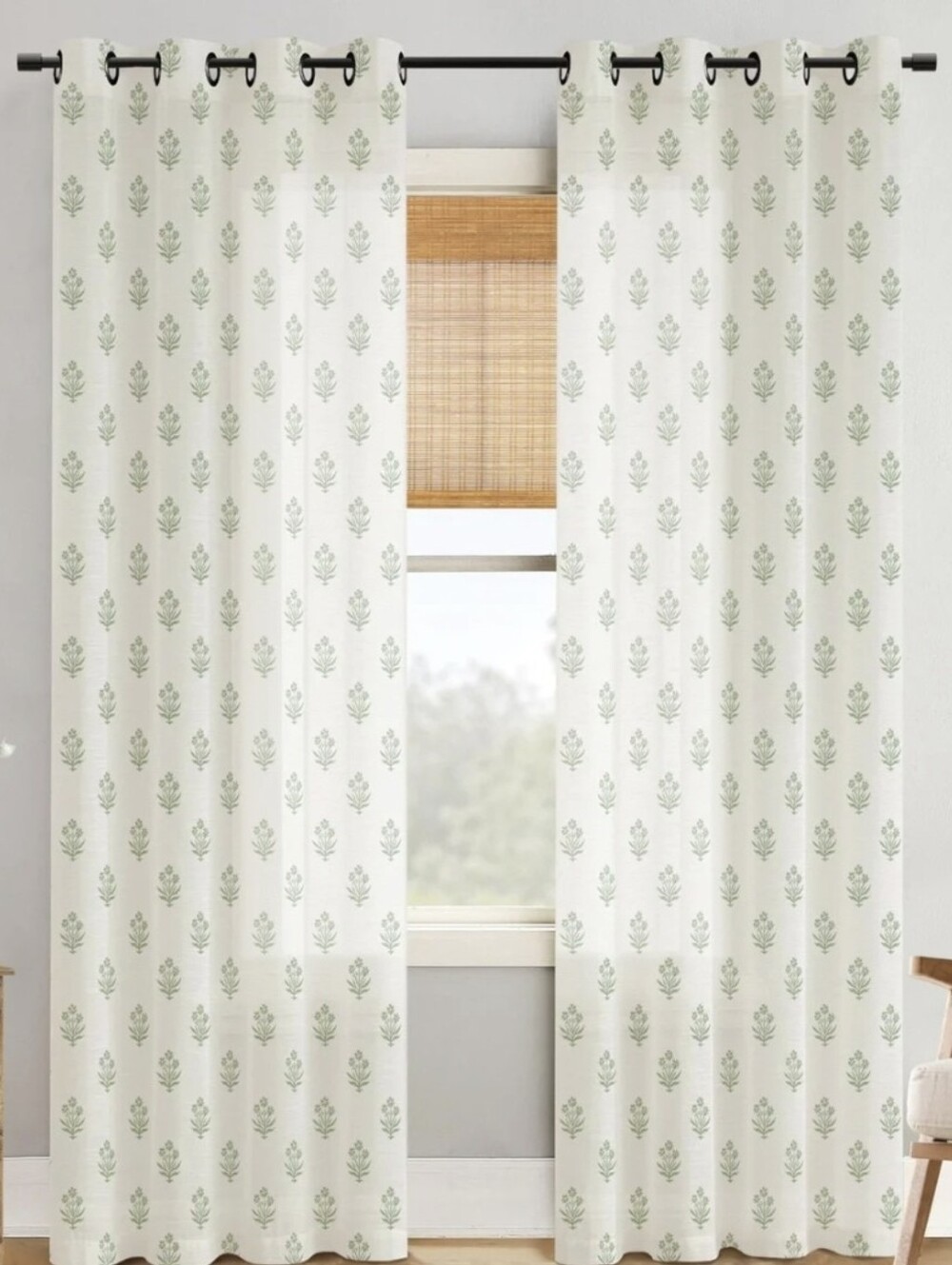 Cream Curtain Panels with Sage Leaf Print